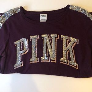PINK short sleeve sequin dark purple t shirt